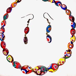 Vintage Millefiori Venetian Art Glass Necklace & Earrings set